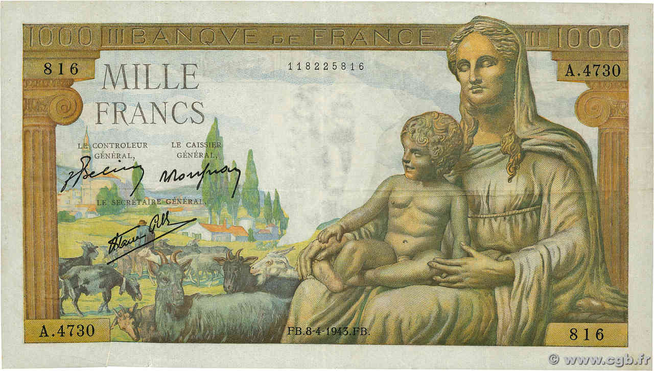 1000 Francs DÉESSE DÉMÉTER FRANKREICH  1943 F.40.21 SS