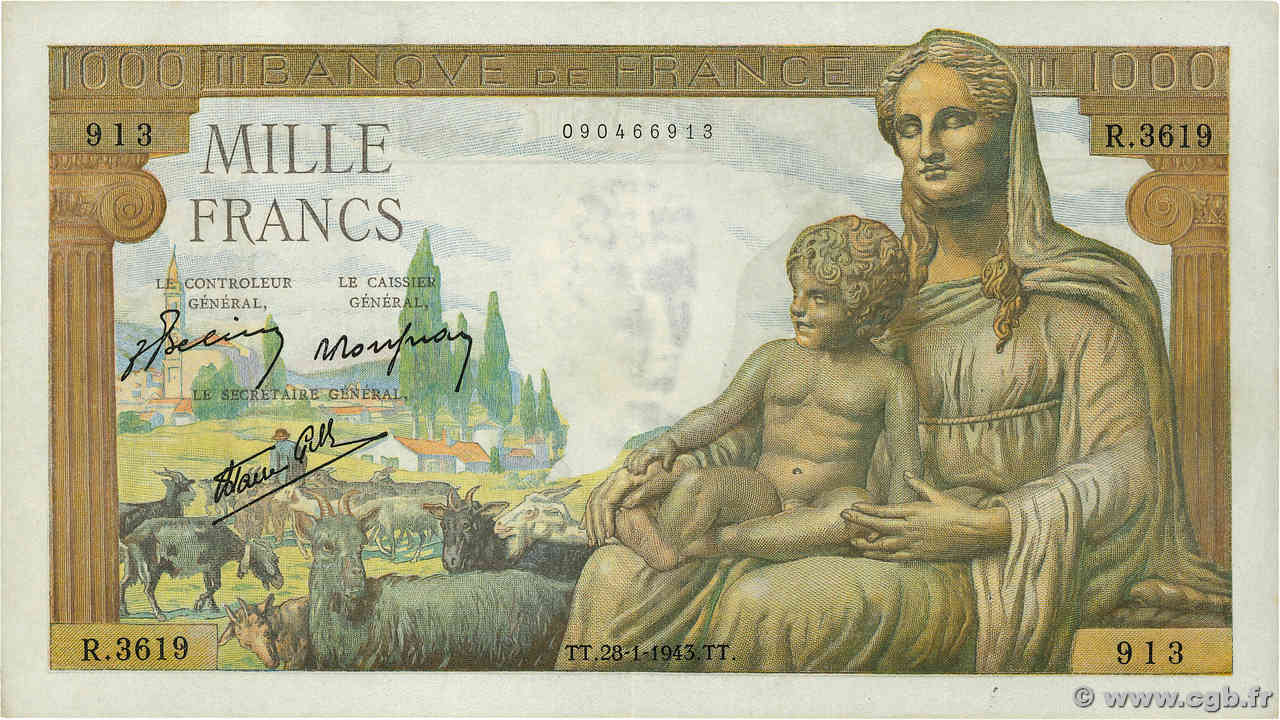 1000 Francs DÉESSE DÉMÉTER FRANKREICH  1943 F.40.17 fVZ