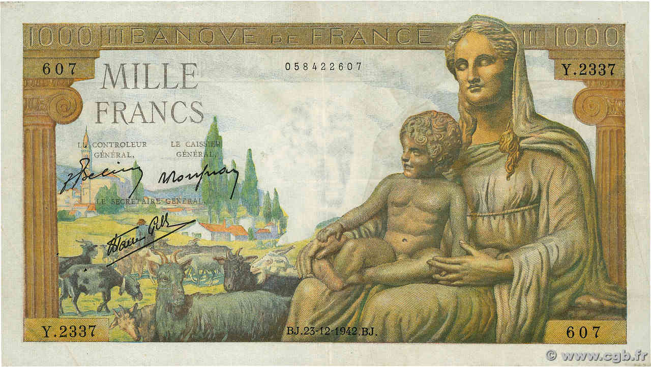 1000 Francs DÉESSE DÉMÉTER FRANCE  1942 F.40.14 VF