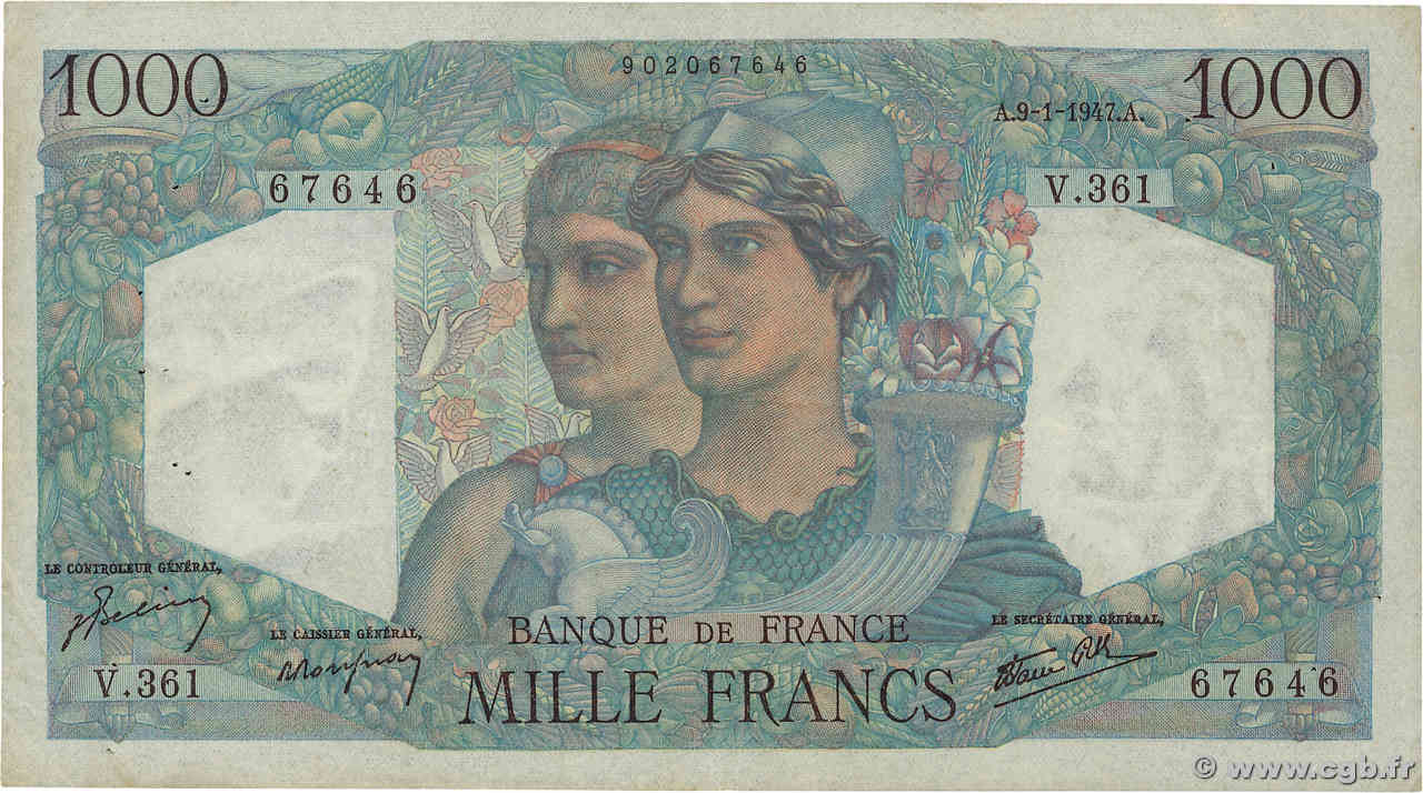 1000 Francs MINERVE ET HERCULE FRANCE  1947 F.41.18 VF