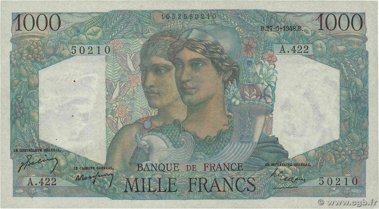 1000 Francs MINERVE ET HERCULE FRANCE  1948 F.41.21 VF+