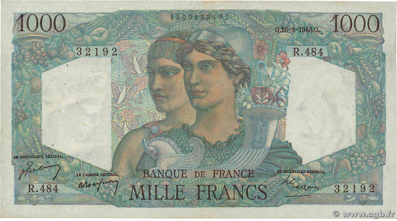 1000 Francs MINERVE ET HERCULE FRANCE  1948 F.41.23 VF