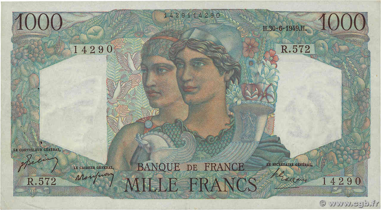 1000 Francs MINERVE ET HERCULE FRANCE  1949 F.41.27 VF+