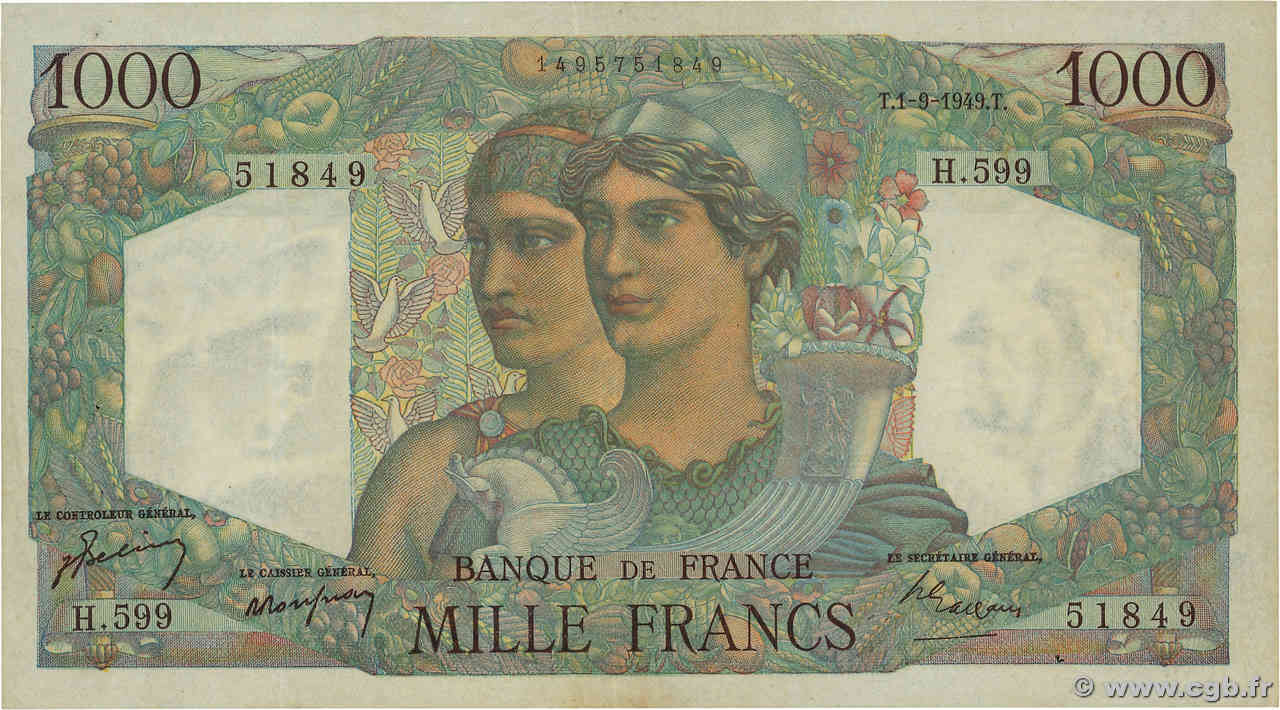 1000 Francs MINERVE ET HERCULE FRANCE  1949 F.41.28 VF