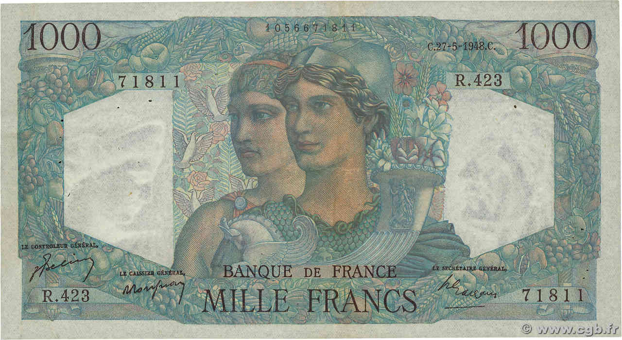 1000 Francs MINERVE ET HERCULE FRANCE  1948 F.41.21 VF