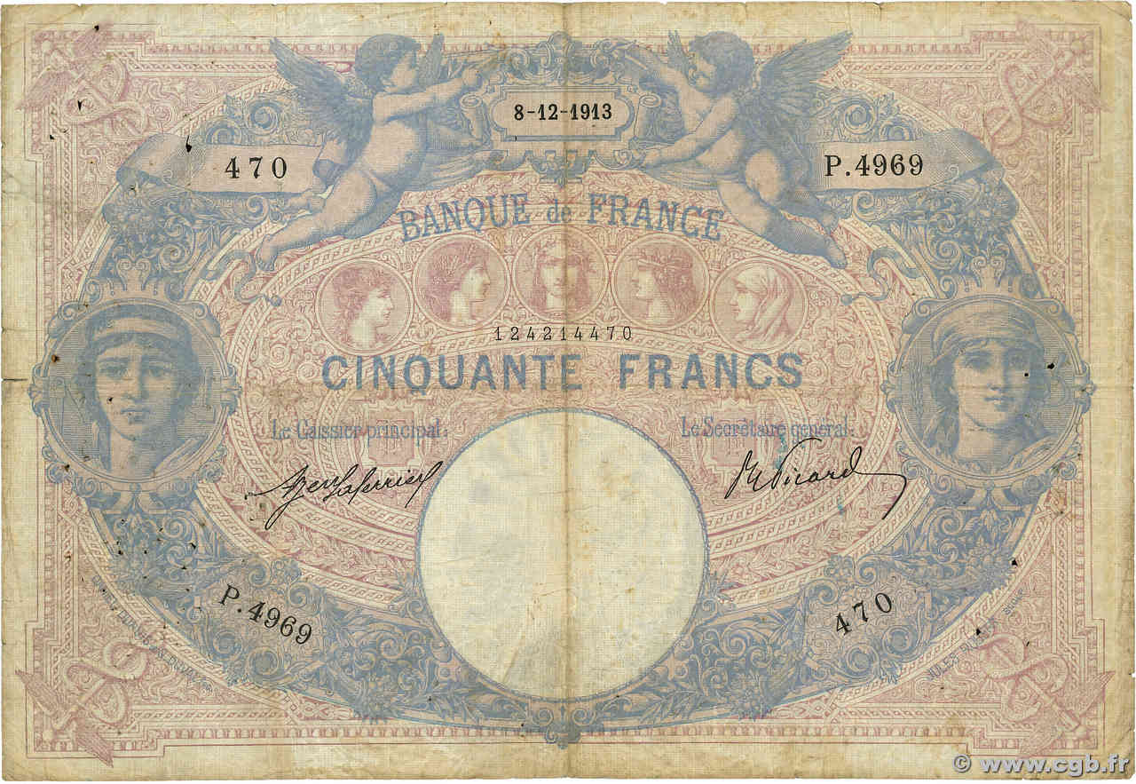 50 Francs BLEU ET ROSE FRANCE  1913 F.14.26 VG