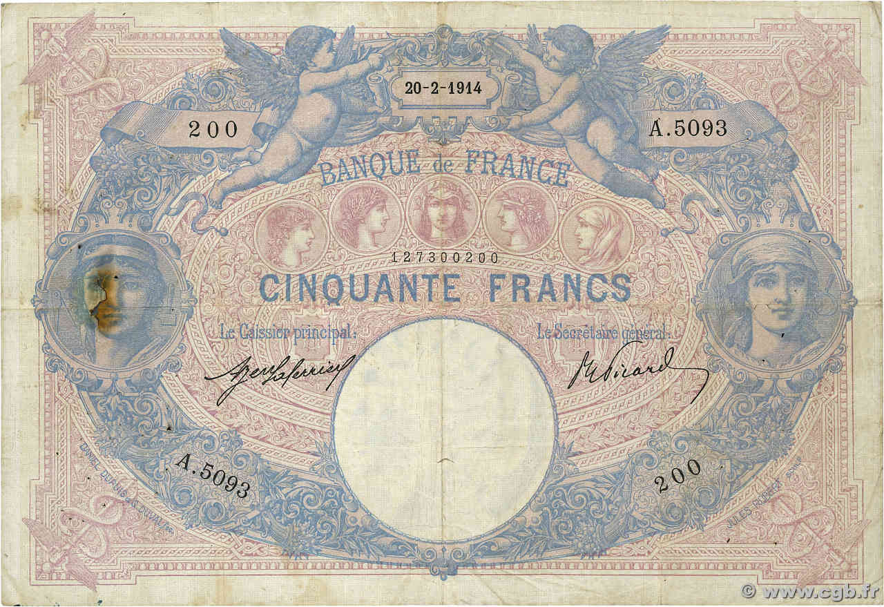 50 Francs BLEU ET ROSE FRANKREICH  1914 F.14.27 S