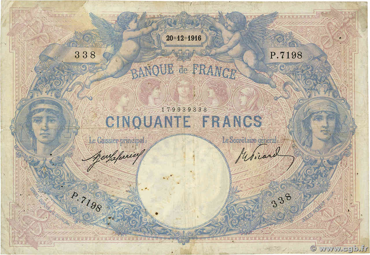 50 Francs BLEU ET ROSE FRANKREICH  1916 F.14.29 S