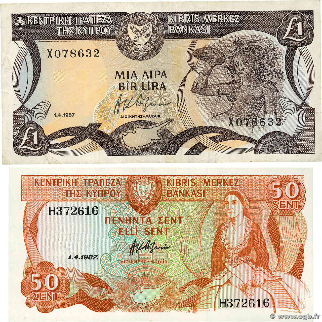50 Cents Lot CHYPRE  1987 P.52 et P.50a TTB+