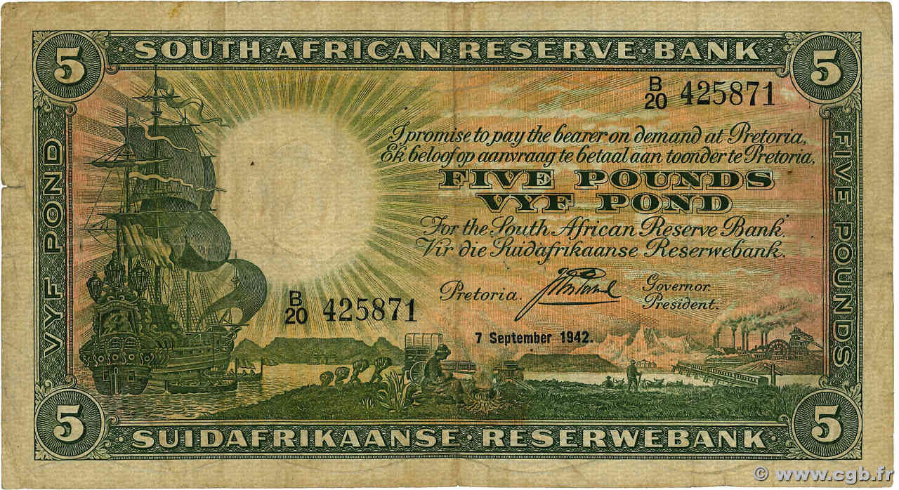 5 Pounds SOUTH AFRICA  1942 P.086 F