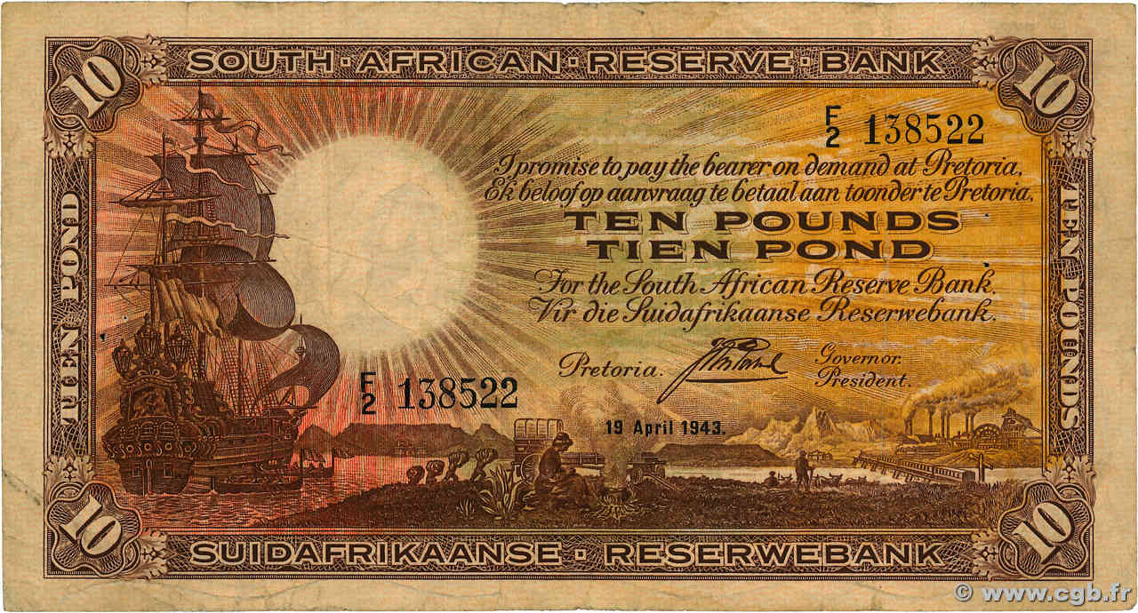 10 Pounds SOUTH AFRICA  1943 P.087 F