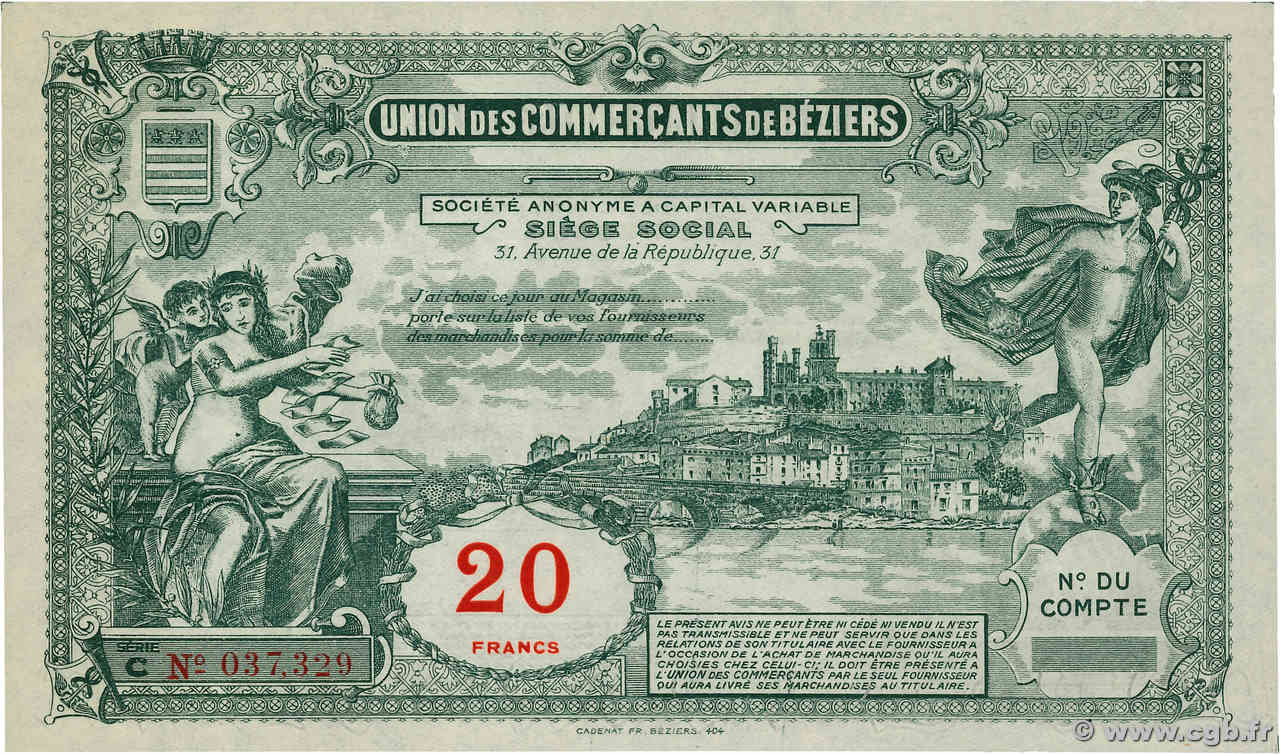 20 Francs FRANCE régionalisme et divers Béziers 1920 JP.- pr.SPL
