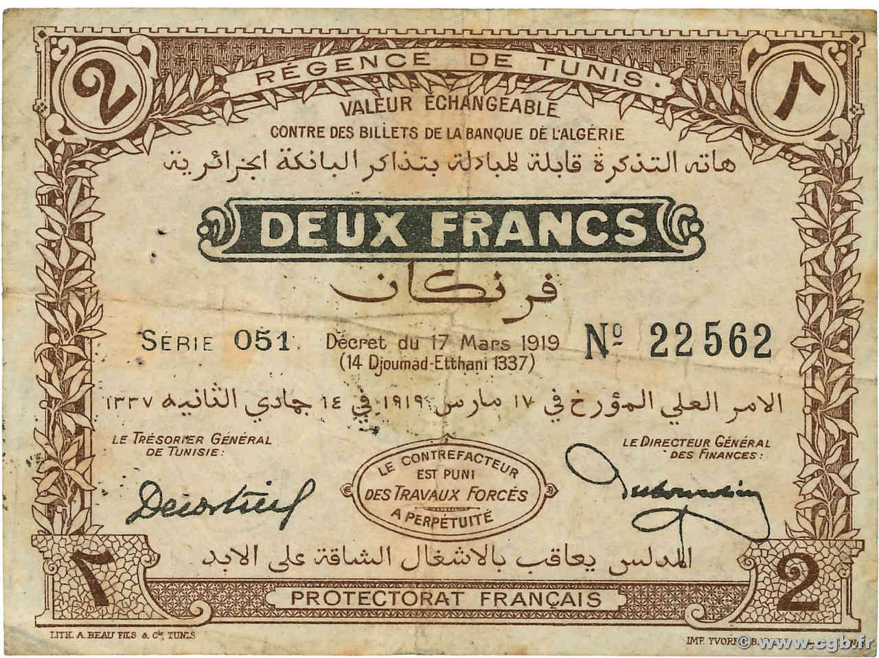 2 Francs TUNESIEN  1919 P.47 S