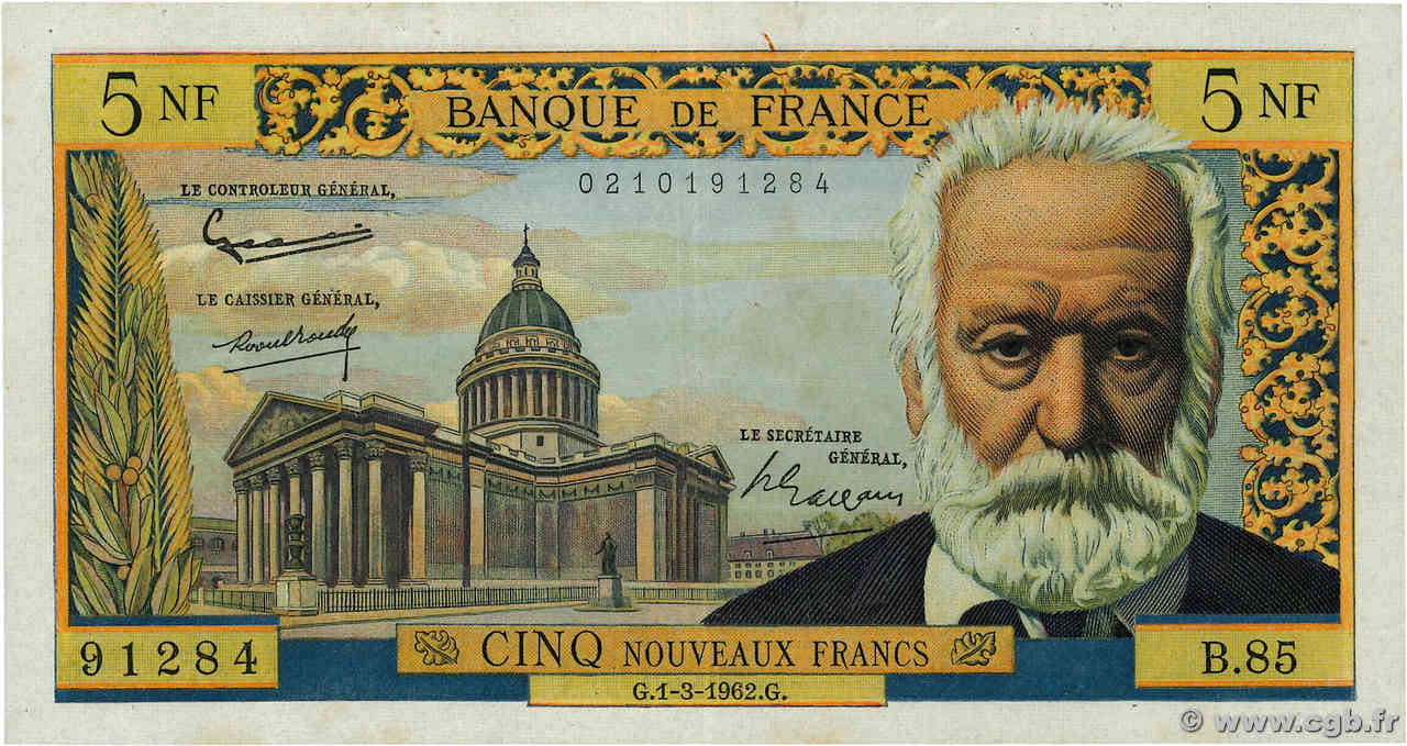 5 Nouveaux Francs VICTOR HUGO FRANCE  1962 F.56.11 VF