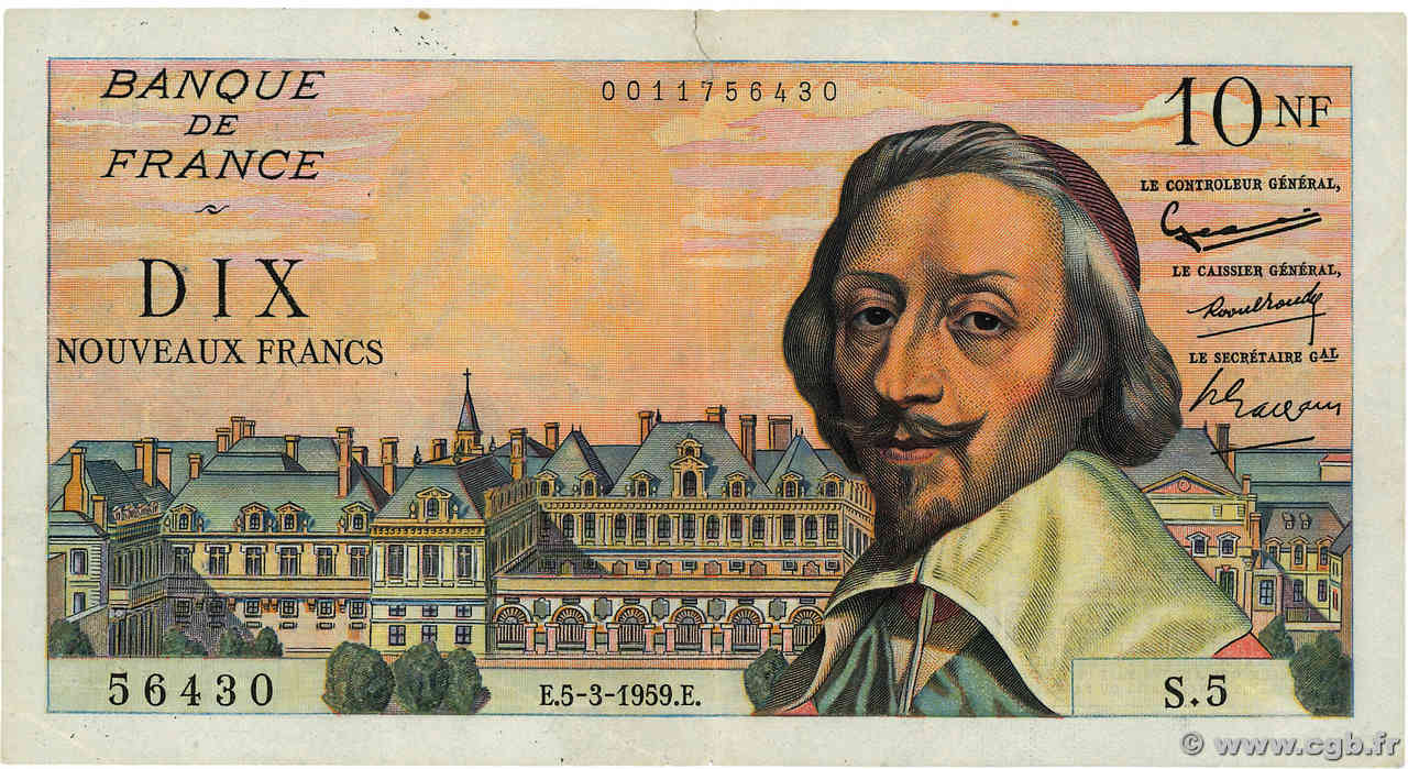 10 Nouveaux Francs RICHELIEU FRANCE  1959 F.57.01 VF