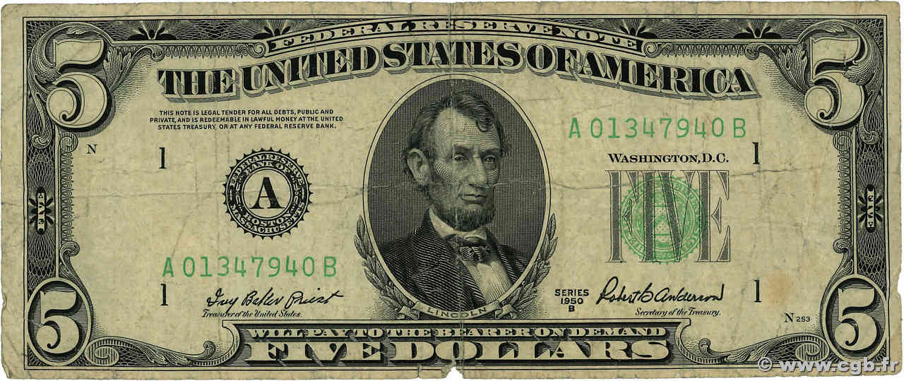 5 Dollars ÉTATS-UNIS D AMÉRIQUE Boston 1950 P.438b B