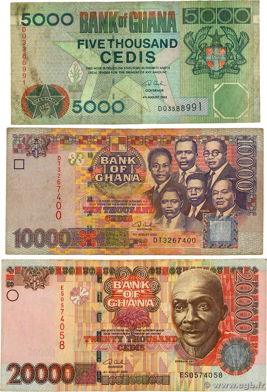 5000, 20000 et 10000 Cedis Lot GHANA  2003 P.34i, P.35b et P.36 TB