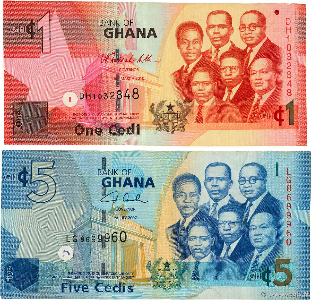 1 et 5 Cedis Lot GHANA  2007 P.37a et P.38a TB+