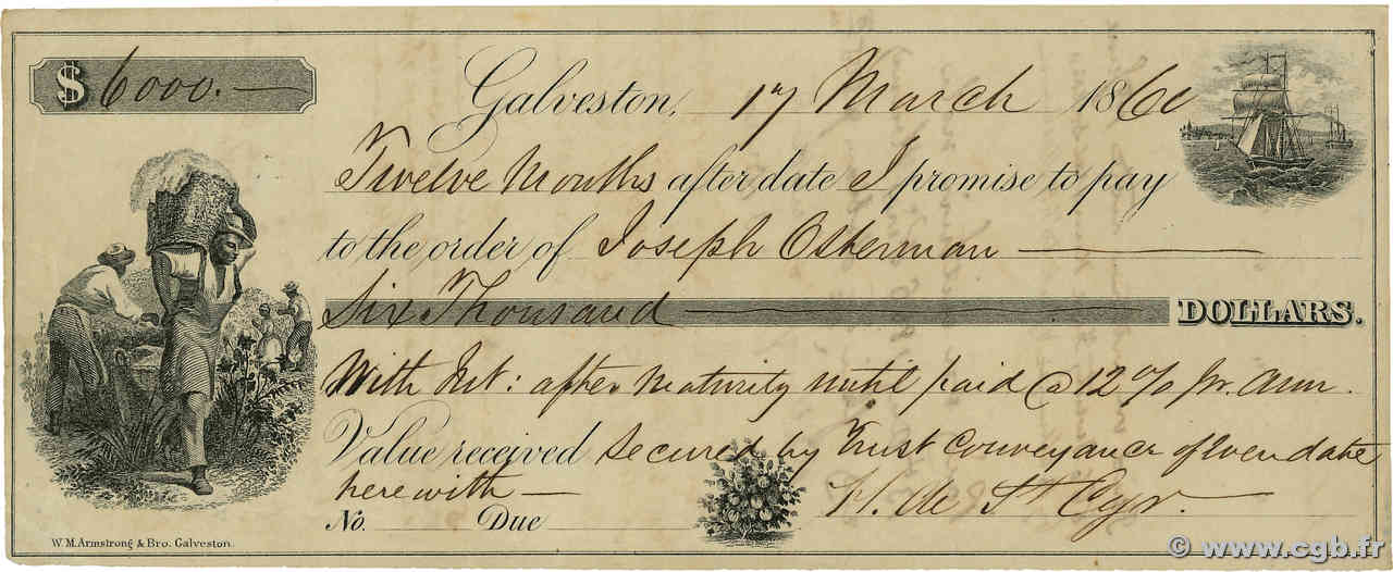 6000 Dollars ÉTATS-UNIS D AMÉRIQUE  1860 DOC.Chèque SUP