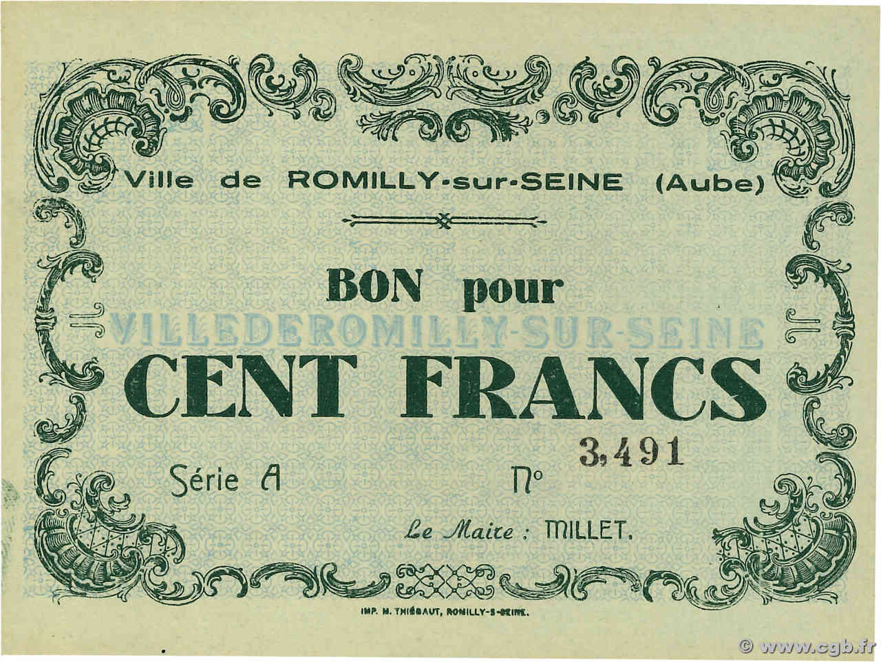 100 Francs FRANCE régionalisme et divers Romilly-sur-Seine 1940 BU.80.01 pr.NEUF