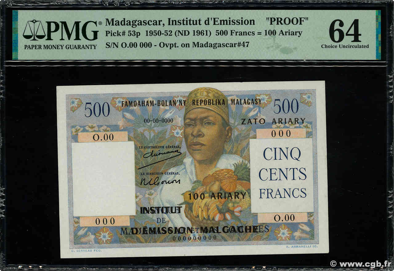 500 Francs - 100 Ariary Épreuve MADAGASCAR  1961 P.053p pr.NEUF