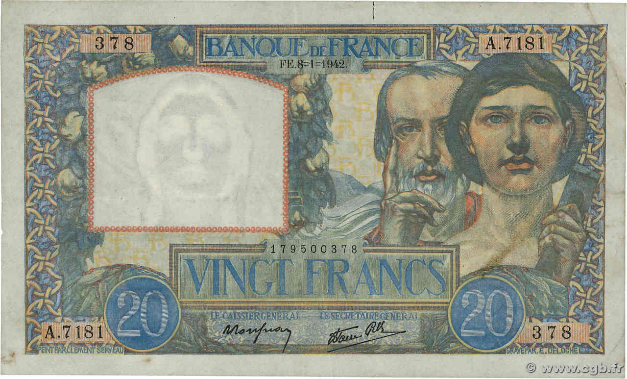 20 Francs TRAVAIL ET SCIENCE FRANCE  1942 F.12.21 VF-