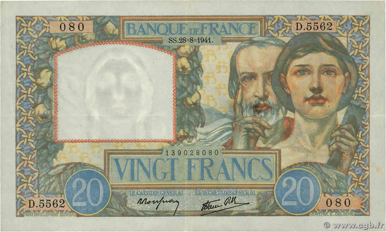 20 Francs TRAVAIL ET SCIENCE FRANKREICH  1941 F.12.17 fVZ