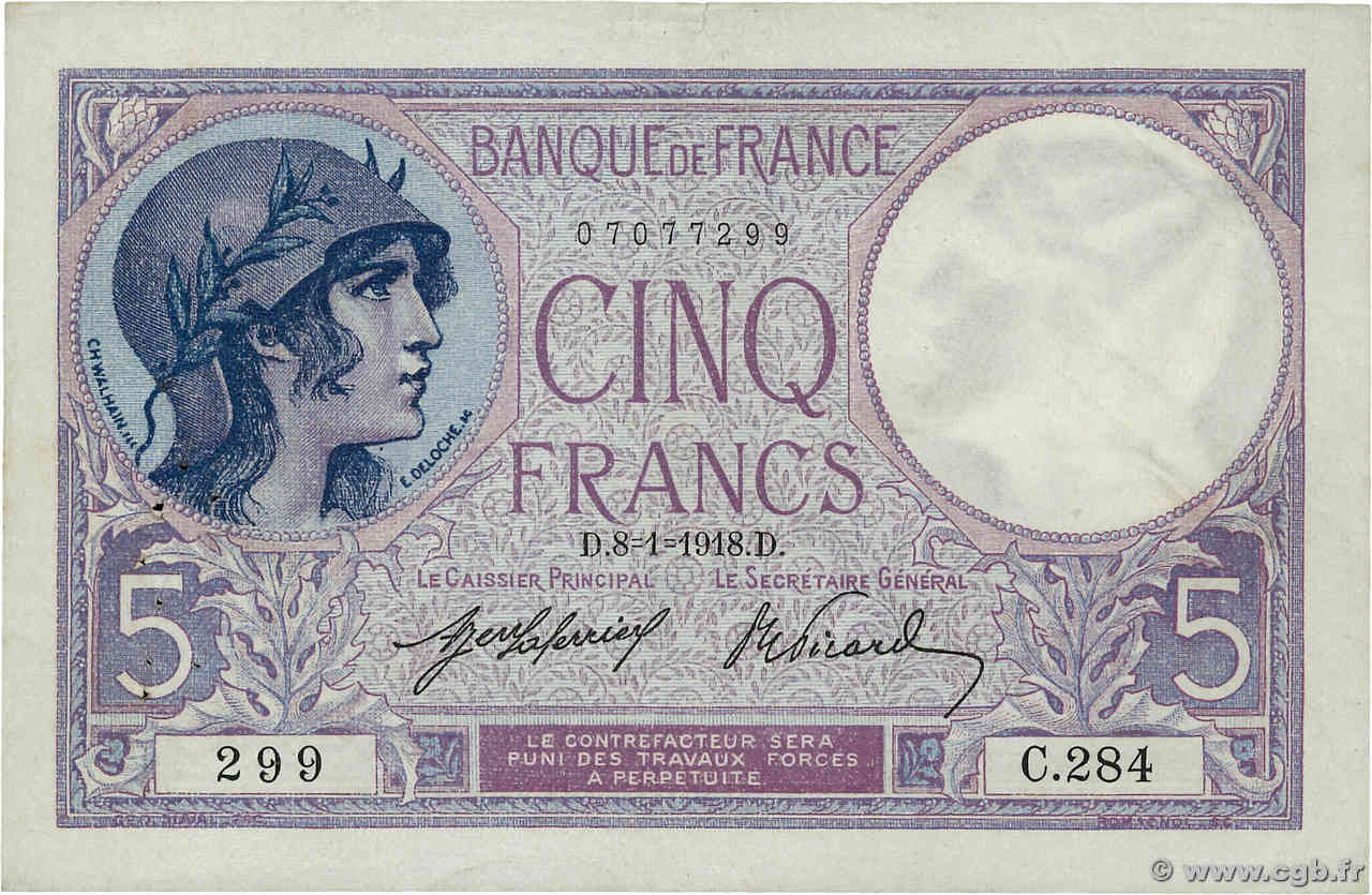 5 Francs FEMME CASQUÉE FRANCE  1918 F.03.02 TTB+