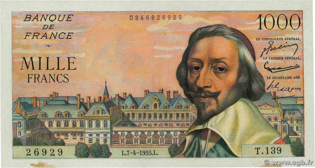 1000 Francs RICHELIEU FRANKREICH  1955 F.42.12 fVZ