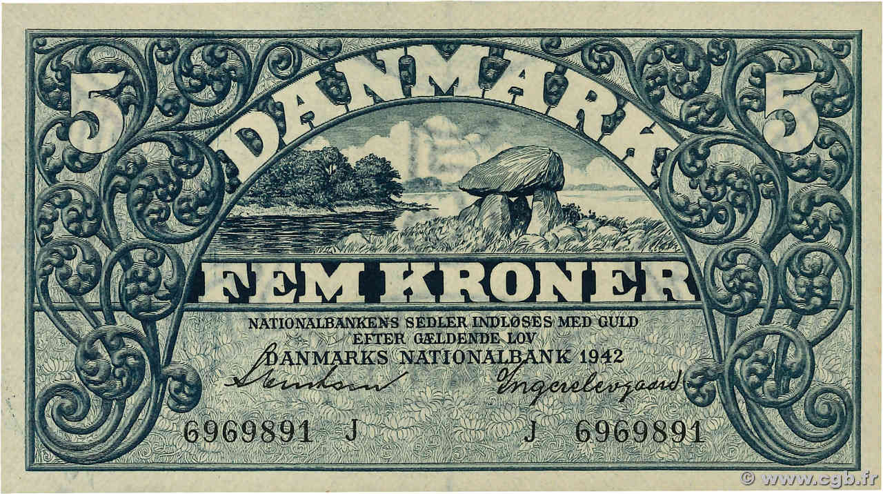 5 Kroner DINAMARCA  1942 P.030h AU