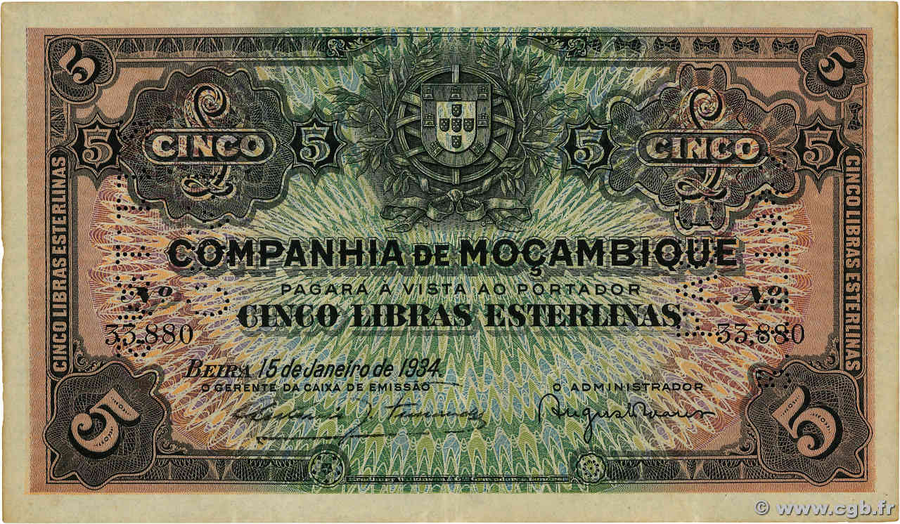 5 Libras MOZAMBIQUE Beira 1934 P.R32 MBC+