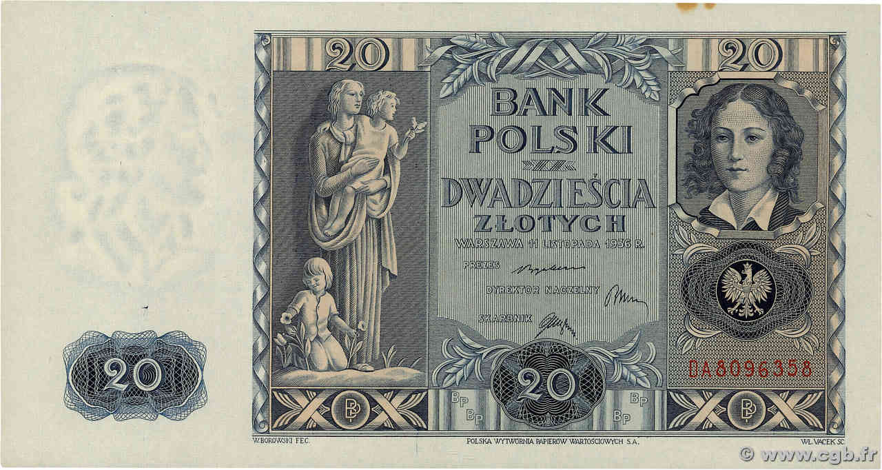 20 Zlotych POLAND  1936 P.077 AU+