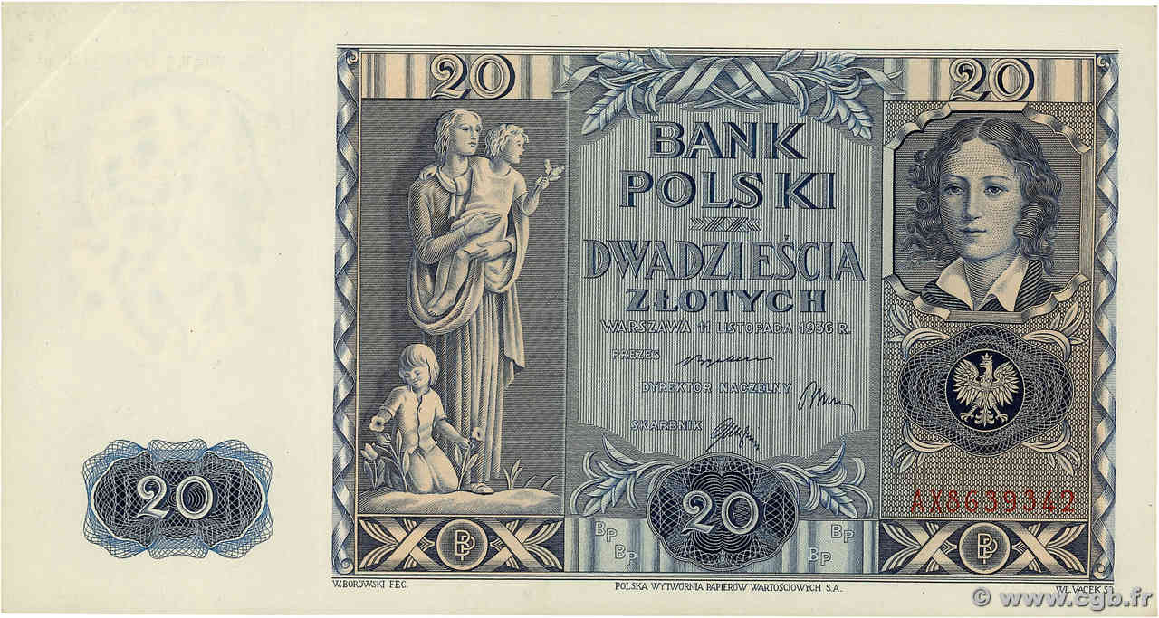 20 Zlotych POLEN  1936 P.077 fST+