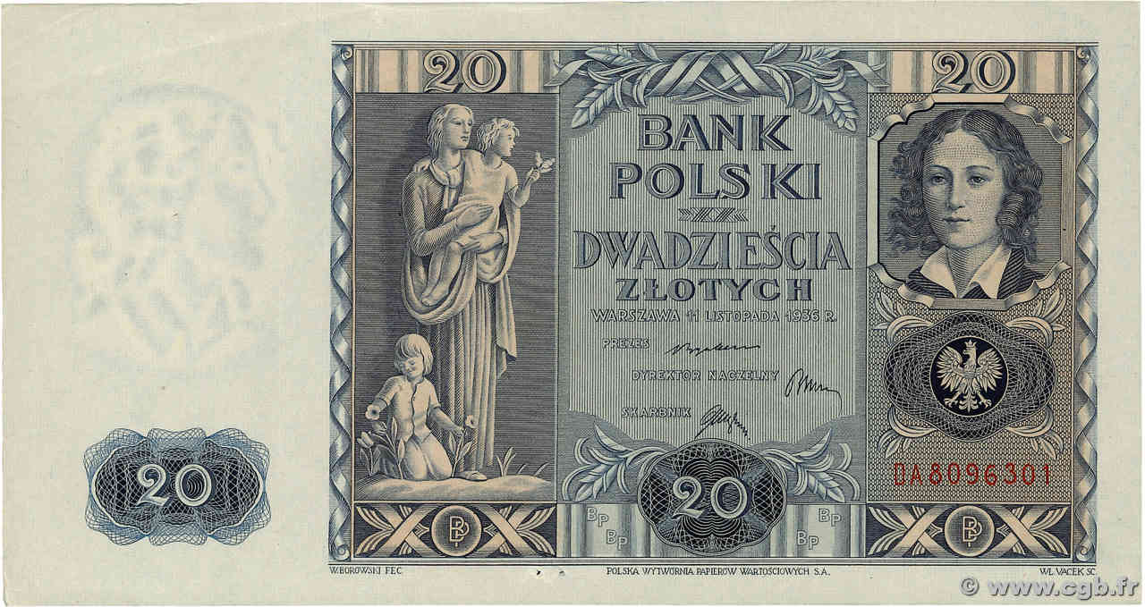 20 Zlotych POLOGNE  1936 P.077 SUP+