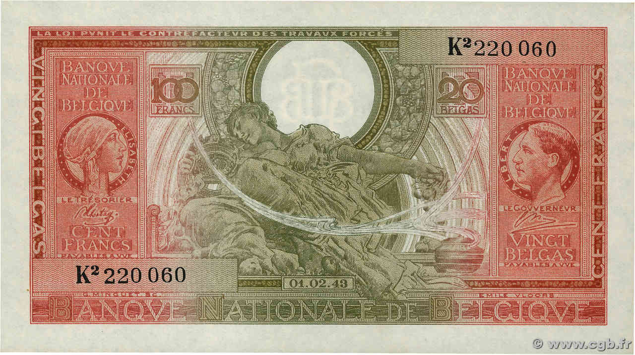 100 Francs - 20 Belgas BELGIQUE  1943 P.123 SPL
