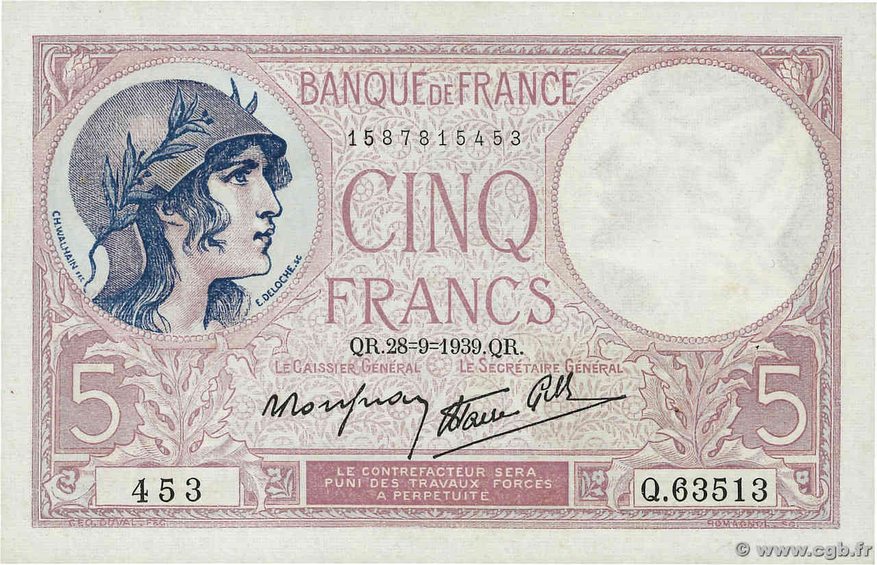 5 Francs FEMME CASQUÉE modifié FRANCE  1939 F.04.10 XF+