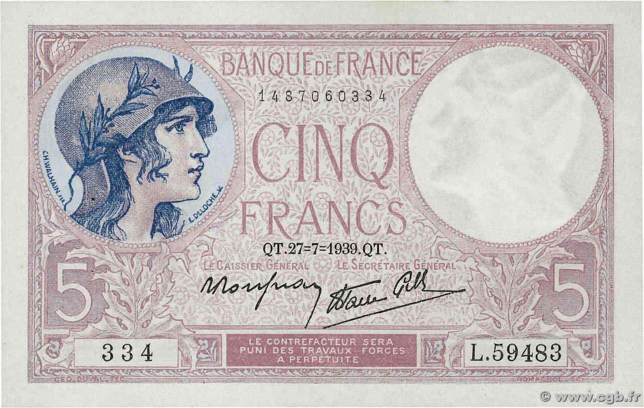 5 Francs FEMME CASQUÉE modifié FRANCE  1939 F.04.03 pr.SPL