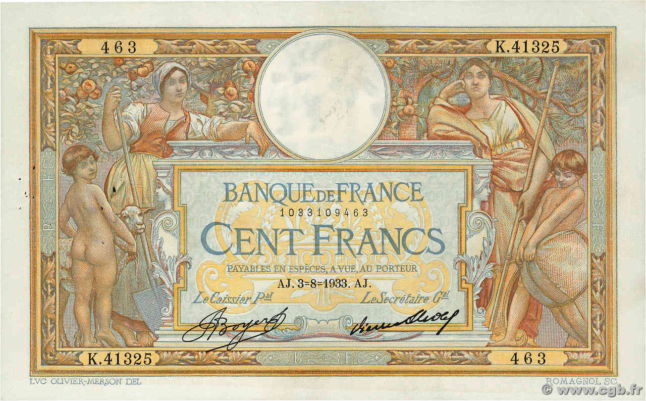 100 Francs LUC OLIVIER MERSON grands cartouches FRANCIA  1933 F.24.12a MBC+