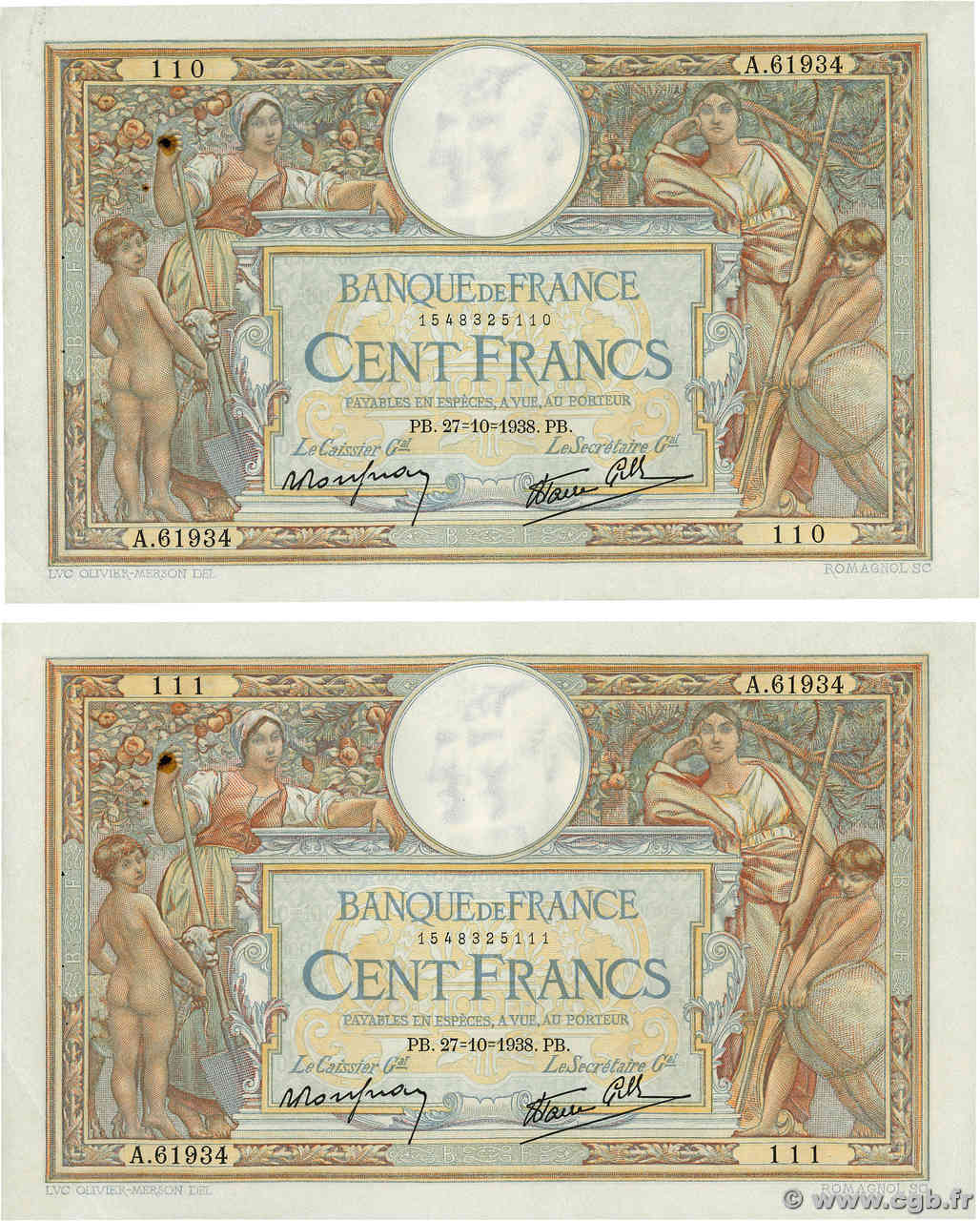 100 Francs LUC OLIVIER MERSON type modifié Consécutifs FRANCIA  1938 F.25.33 MBC+