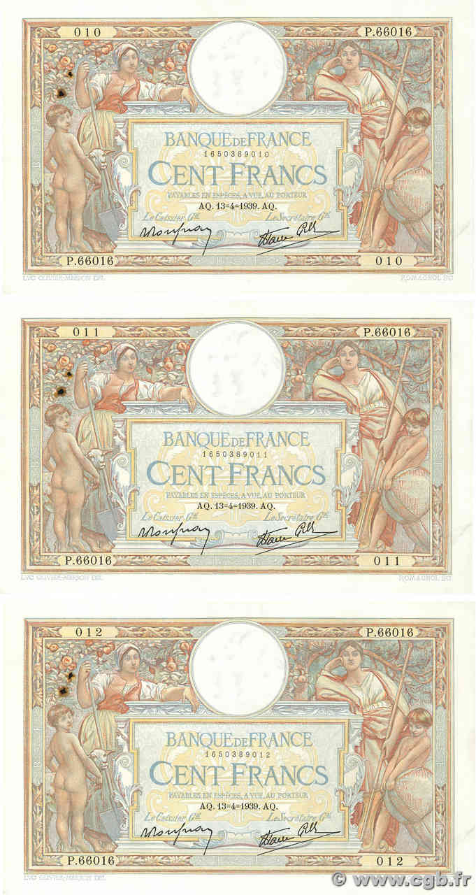 100 Francs LUC OLIVIER MERSON type modifié Consécutifs FRANKREICH  1939 F.25.46 fVZ