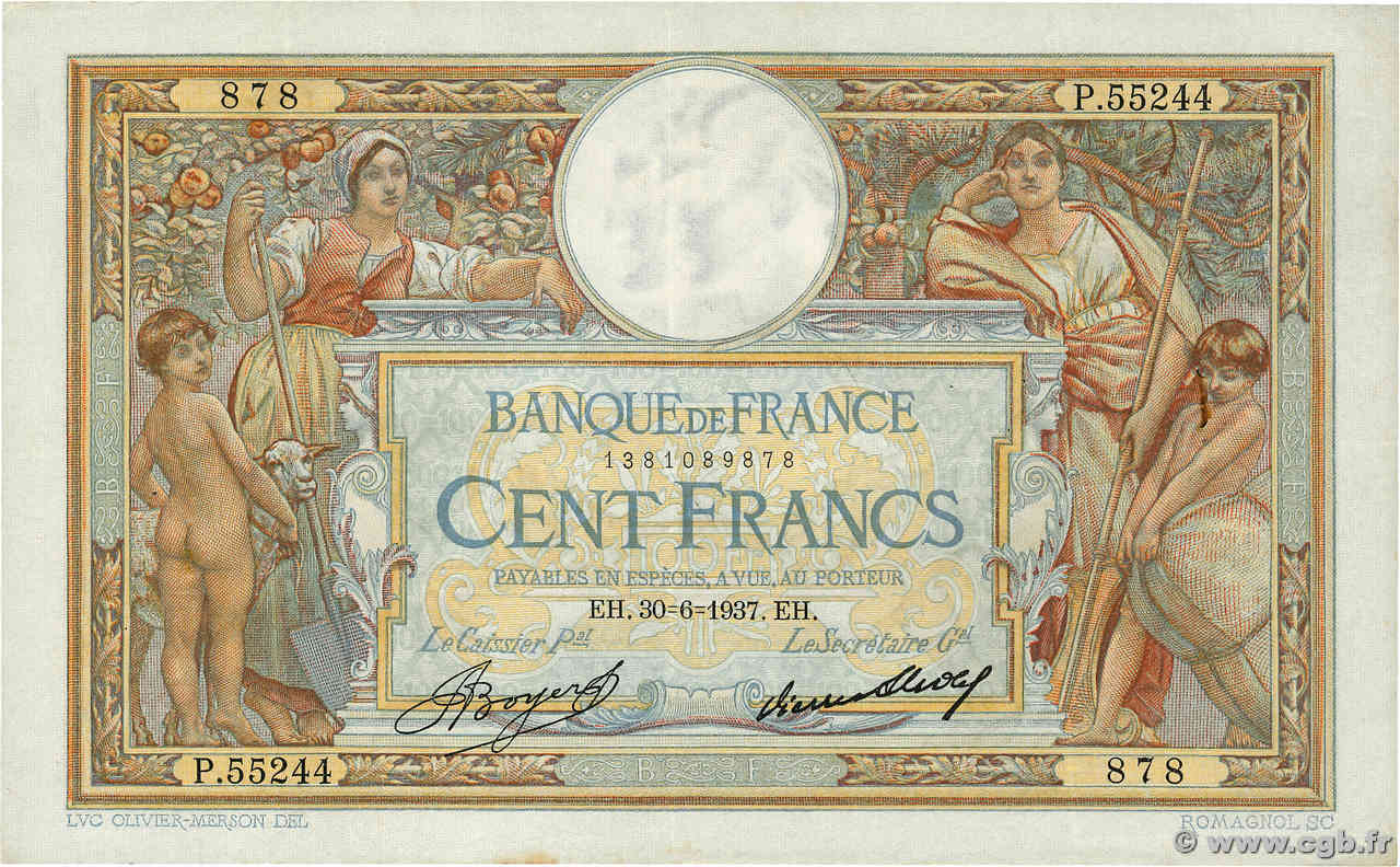 100 Francs LUC OLIVIER MERSON grands cartouches FRANCIA  1937 F.24.16 MBC+