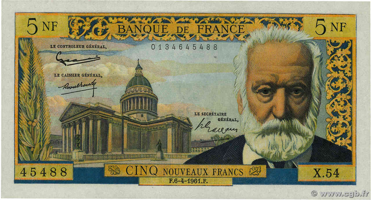 5 Nouveaux Francs VICTOR HUGO FRANCE  1961 F.56.07 SUP