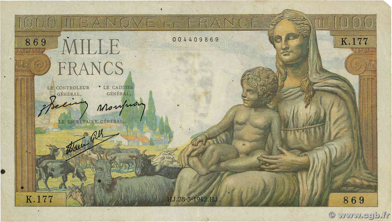 1000 Francs DÉESSE DÉMÉTER FRANKREICH  1942 F.40.01 fSS