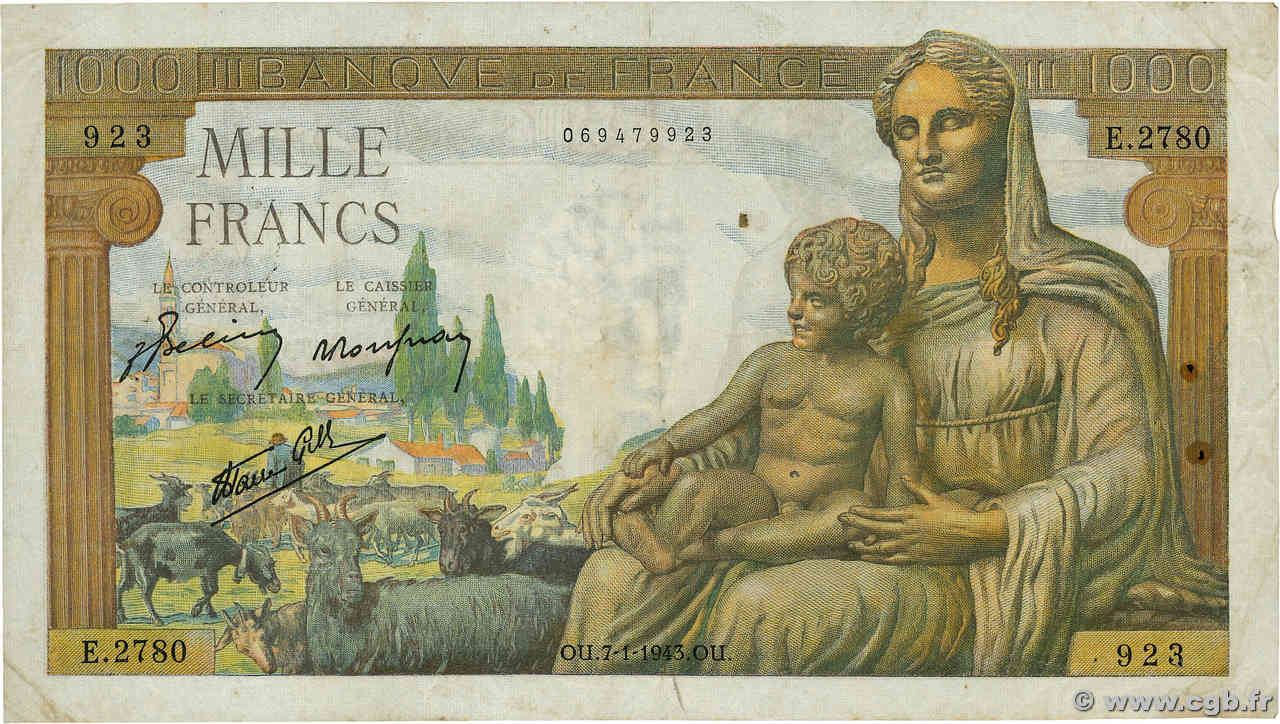 1000 Francs DÉESSE DÉMÉTER FRANKREICH  1943 F.40.15 S