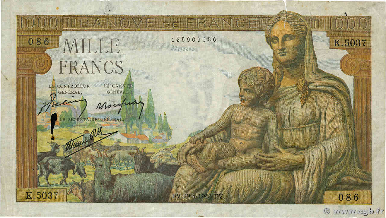 1000 Francs DÉESSE DÉMÉTER FRANKREICH  1943 F.40.22 S