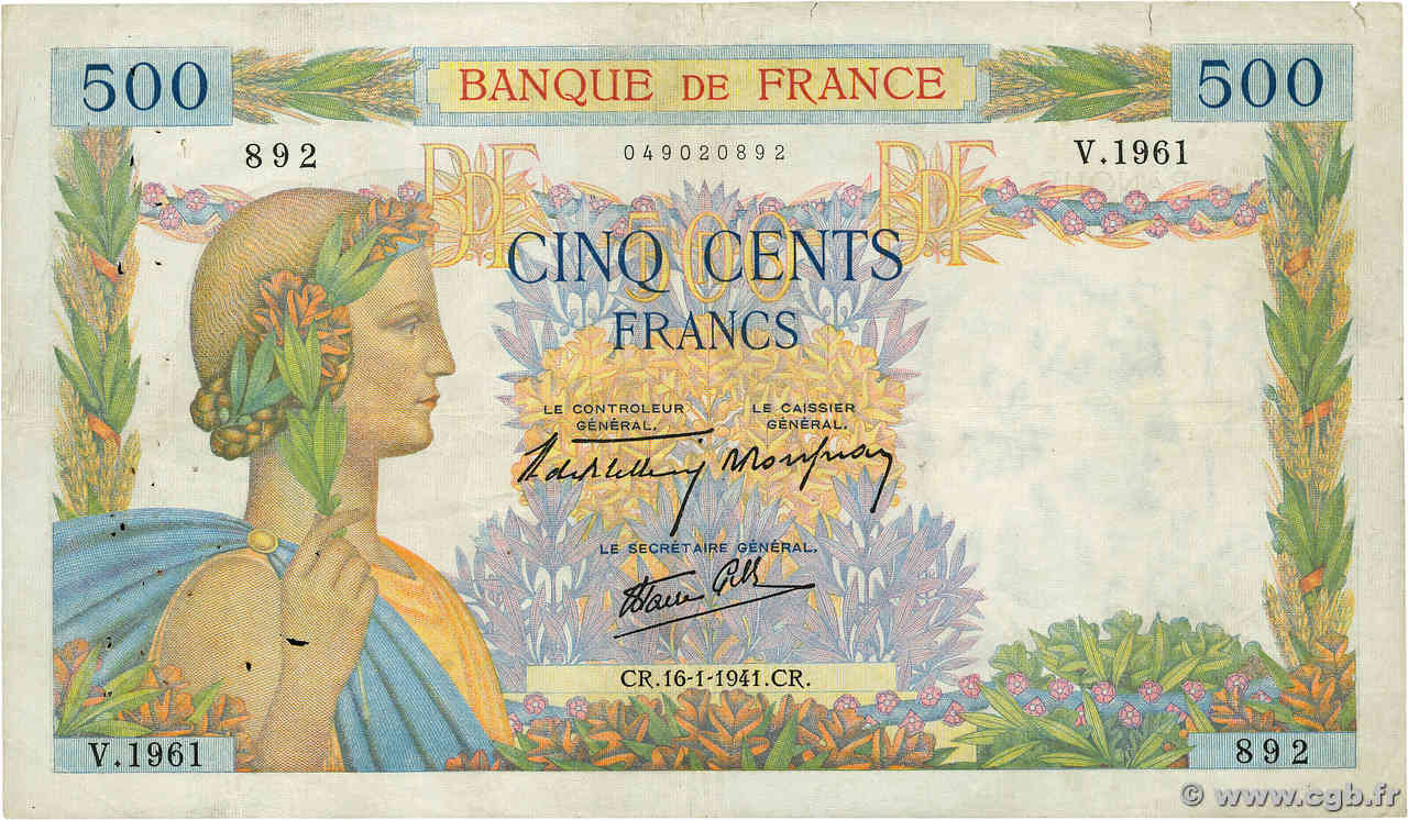 500 Francs LA PAIX FRANCE  1941 F.32.13 TB