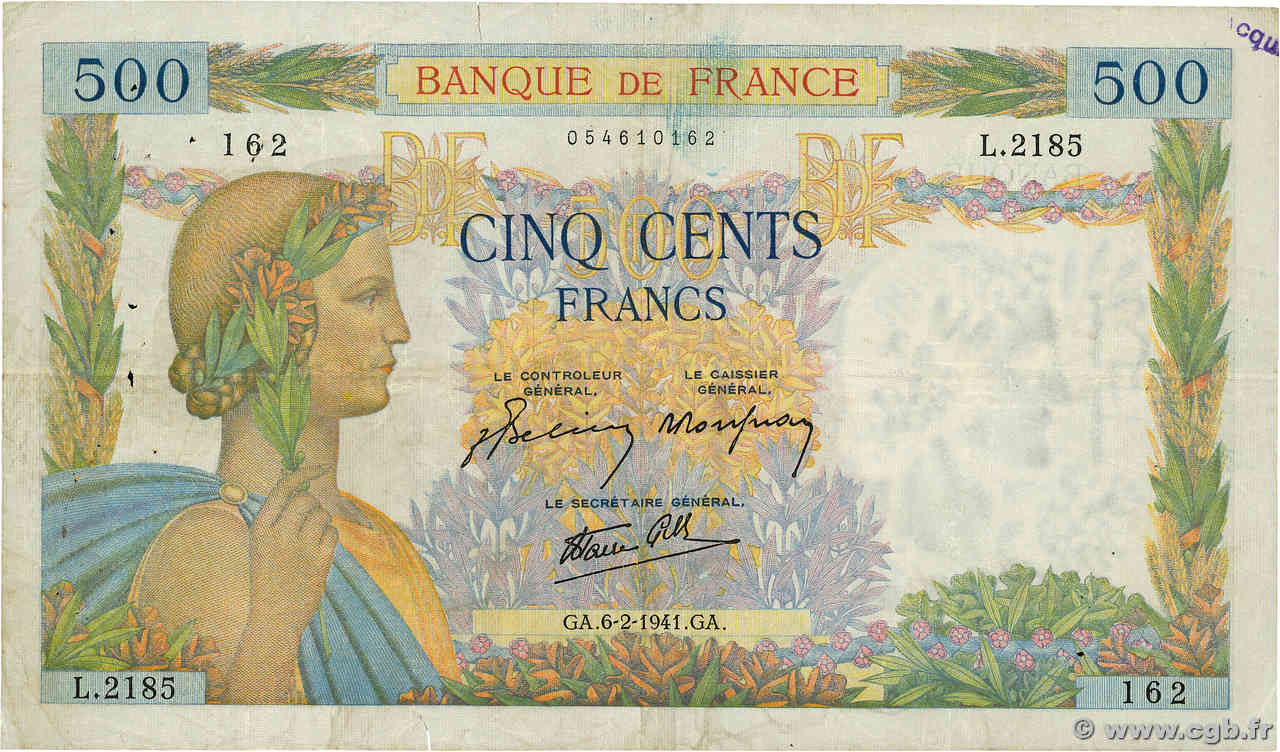 500 Francs LA PAIX FRANCE  1941 F.32.14 TB