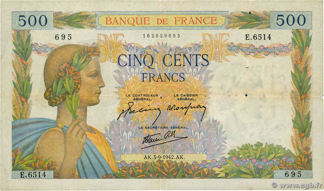 500 Francs LA PAIX FRANKREICH  1942 F.32.39 S