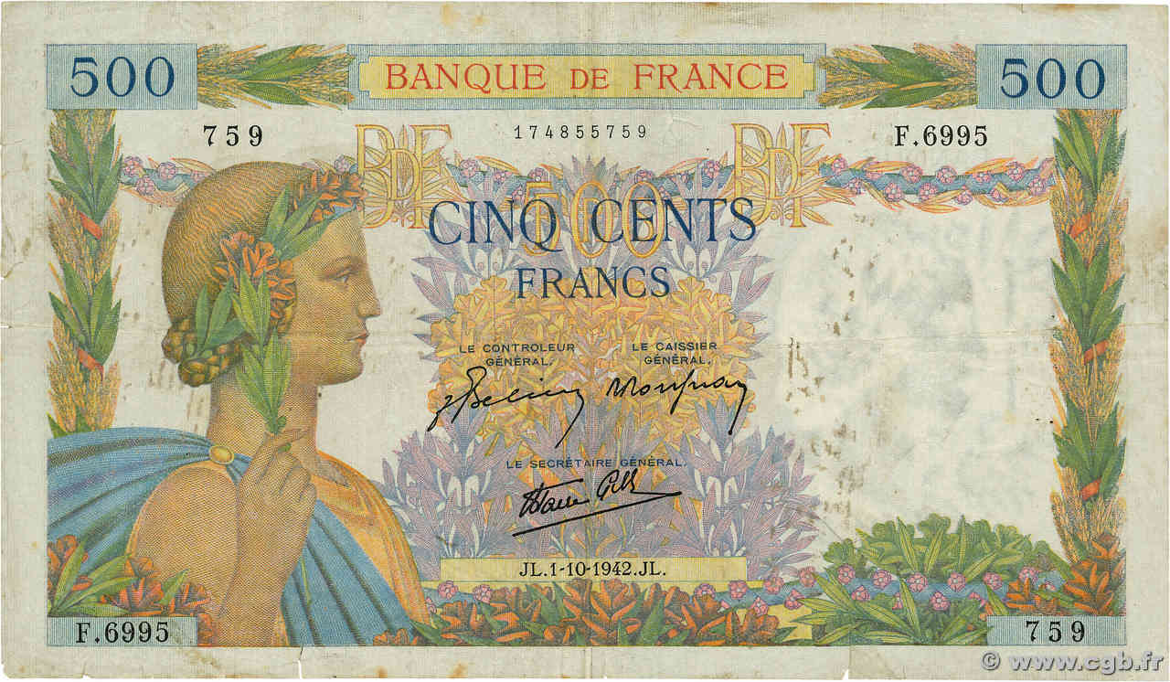 500 Francs LA PAIX FRANCE  1942 F.32.42 TB