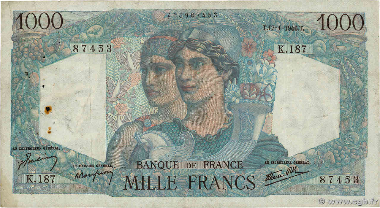 1000 Francs MINERVE ET HERCULE FRANKREICH  1946 F.41.10 S